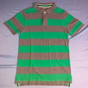 Vintage Large Men’s Hilfiger Denim Green And Grey Striped Polo Shirt